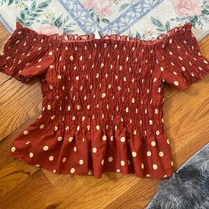 Off the Shoulder Burnt Orange Polka Dot Ruched Top